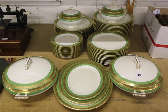 A Cauldon 55 piece green and gilt banded dinner service